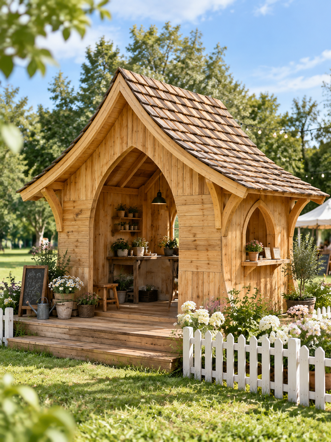 花园中的尖顶木质小屋空间参考